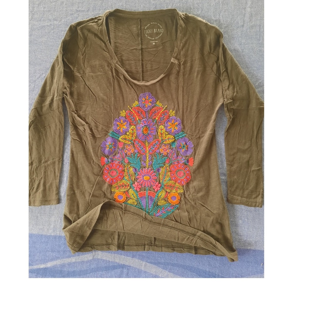 Lucky Brand Womens Gray Floral Embroidered Long Sleeve Cotton Top Medium